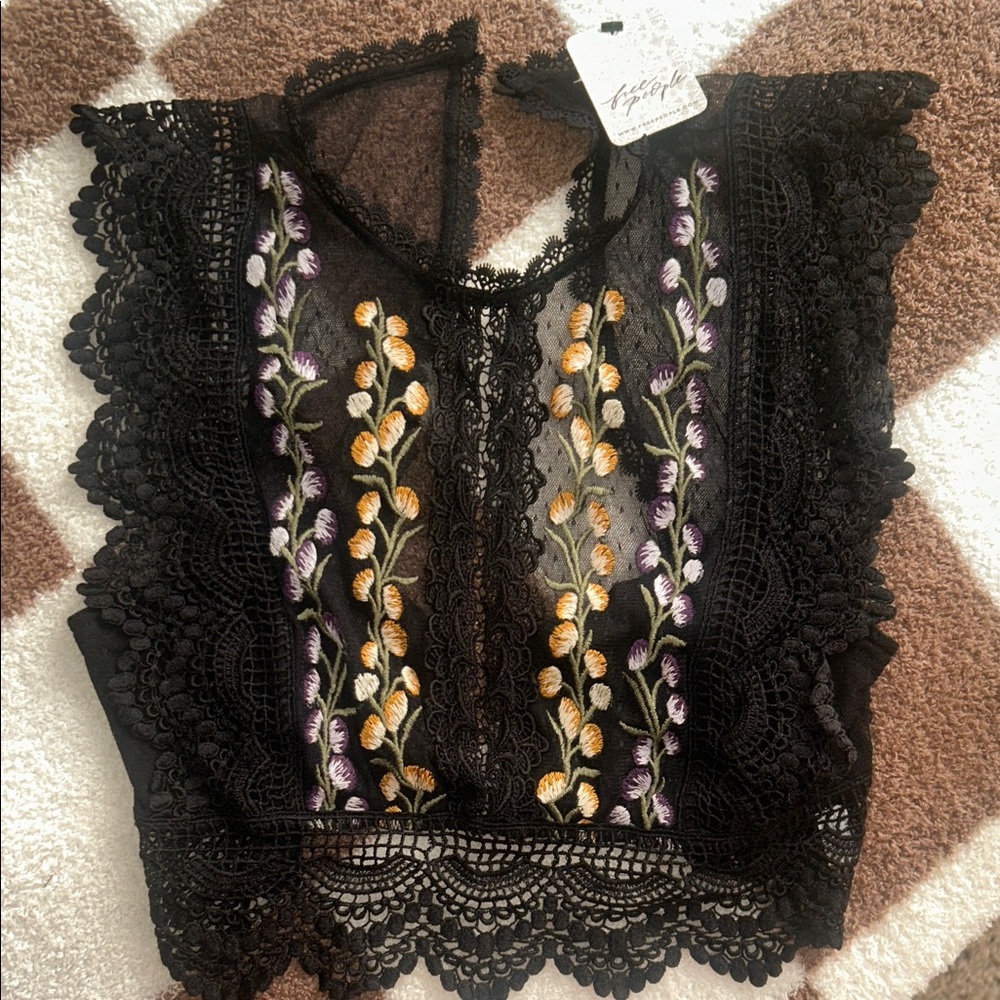 La Perla Black Lace Camisole with Yellow and Purple Floral Embroidery